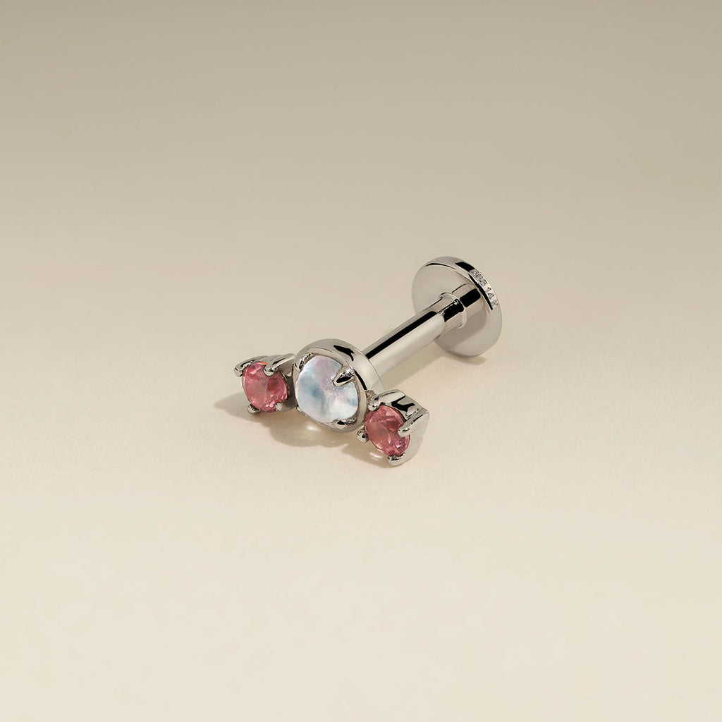 Moonstone & Padparadscha Cluster Piercing Stud in Solid White Gold