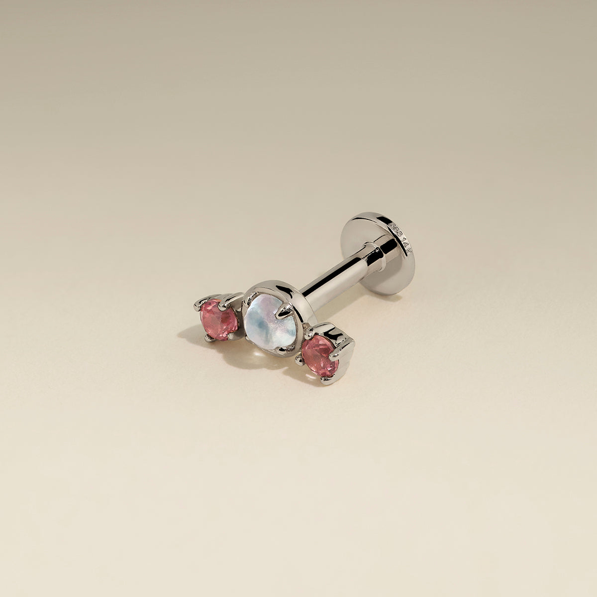 Moonstone & Padparadscha Cluster Piercing Stud in Solid White Gold