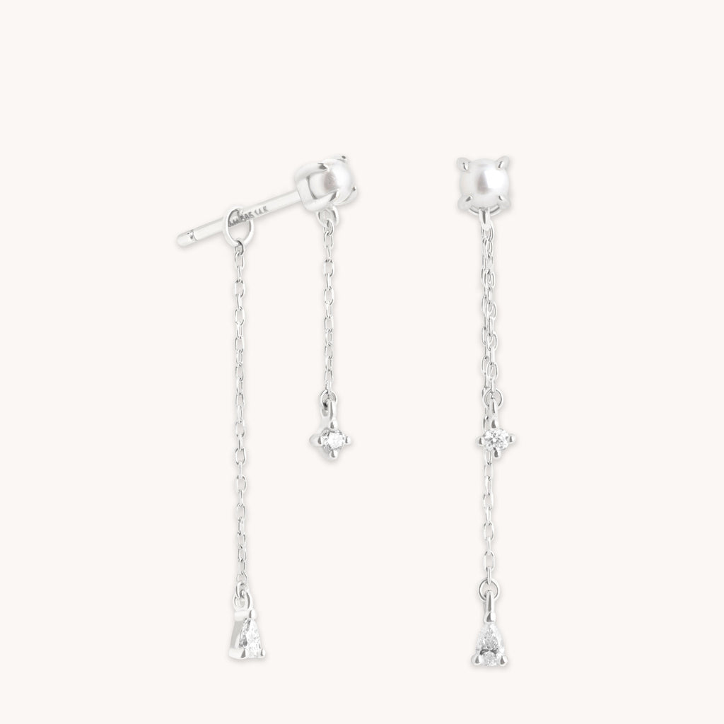 Diamond & Pearl Chain Studs in Solid White Gold