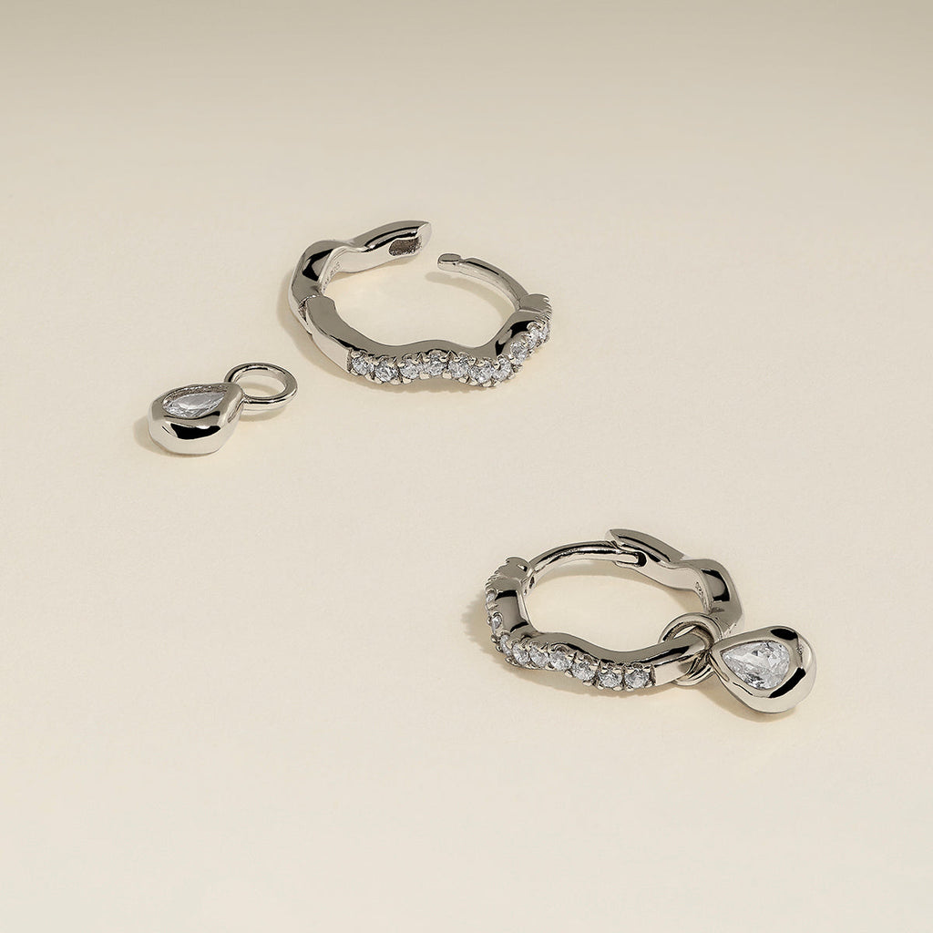 Scalloped Crystal Charm Huggies in Silver