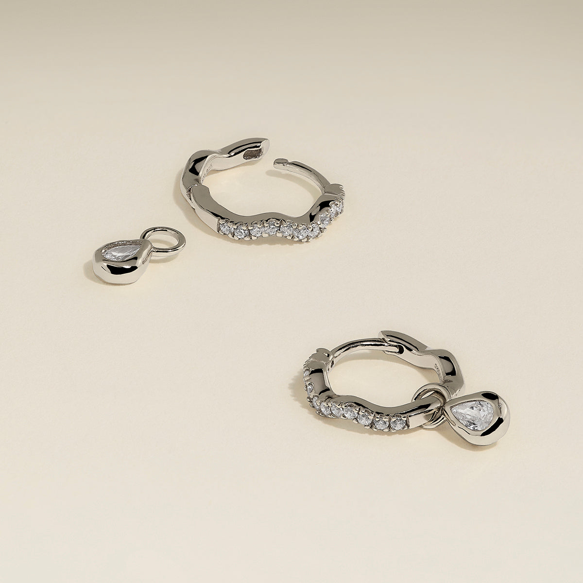 Scalloped Crystal Charm Huggies in Silver