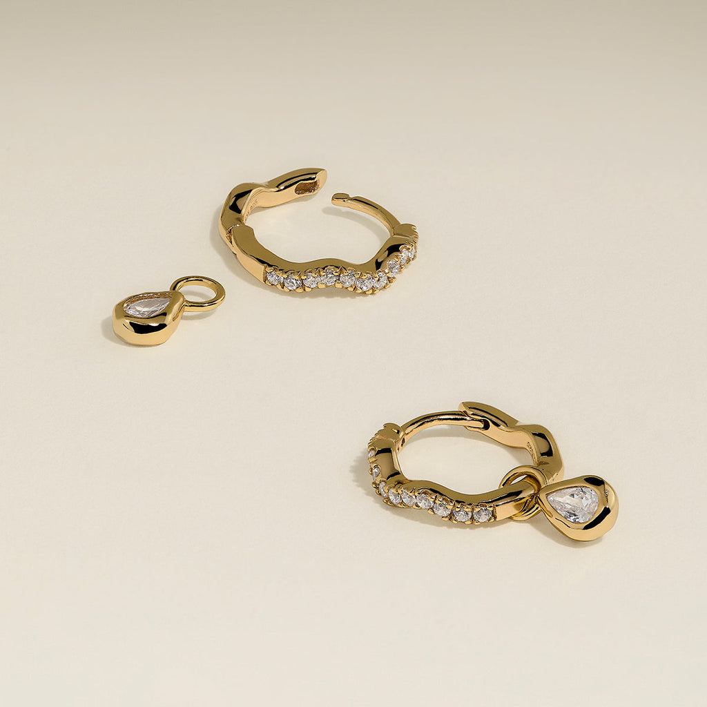 Scalloped Crystal Charm Huggies in Gold