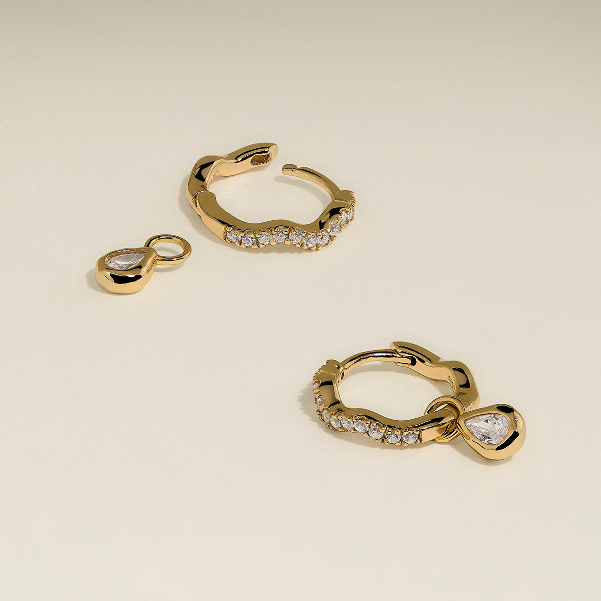 Scalloped Crystal Charm Huggies in Gold