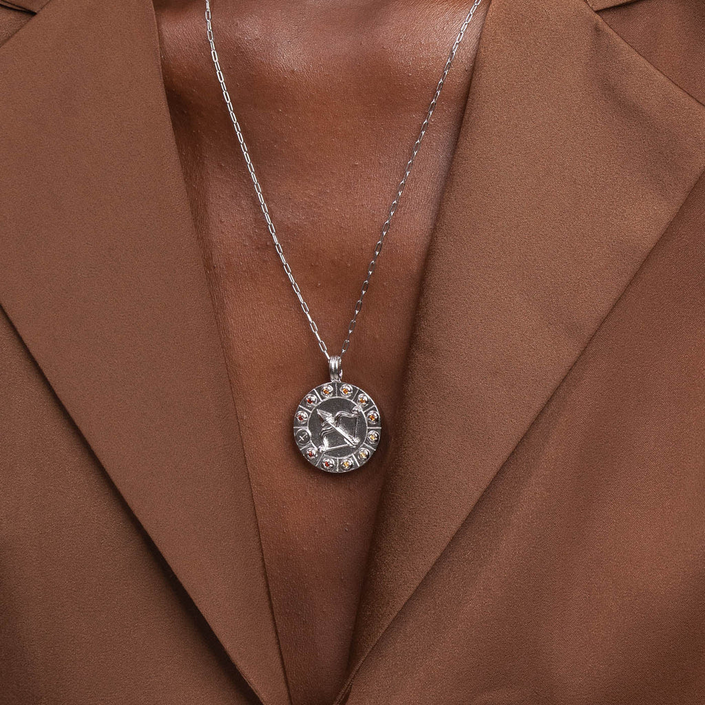 Sagittarius Bold Zodiac Pendant Necklace in Silver