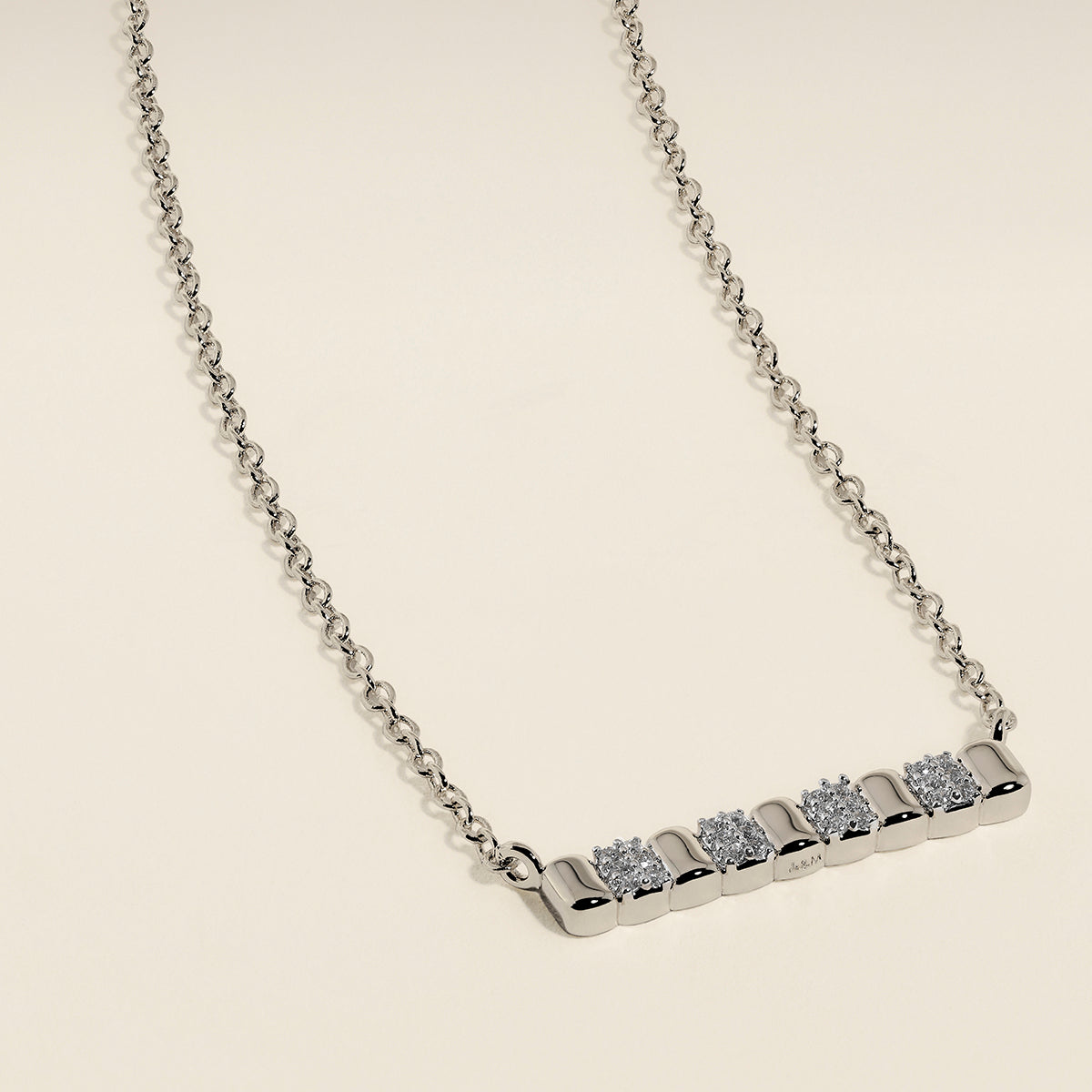 Crystal Ridged Bar Pendant Necklace in Silver
