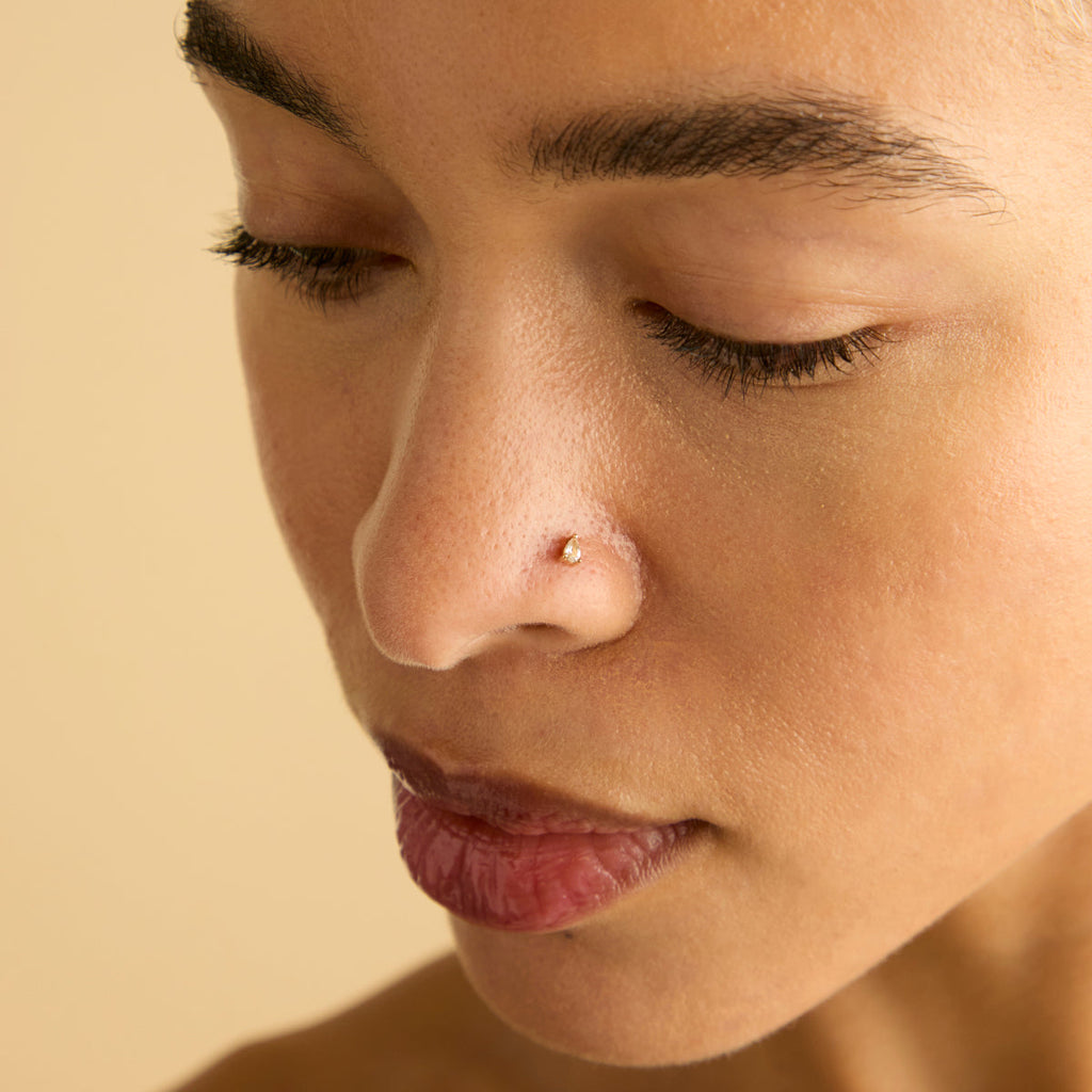 White Topaz Pear Piercing Stud in Solid Gold
